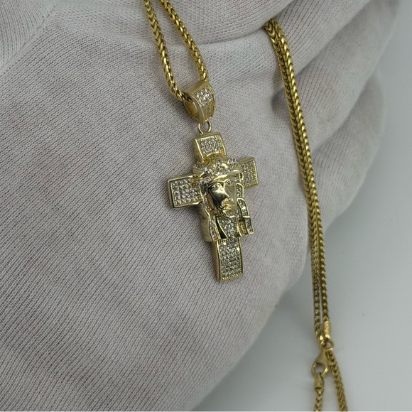 925 Sterling Silver Gold Plated Jesus Piece Cross Pendant Iced CZ 12g Charm - Picture 4 of 9